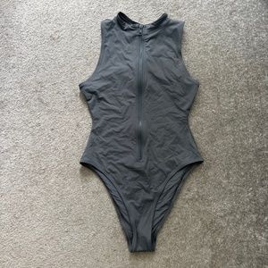 Skims Swim Signature Swim Zip Front Sleeveless One Piece Gunmetal